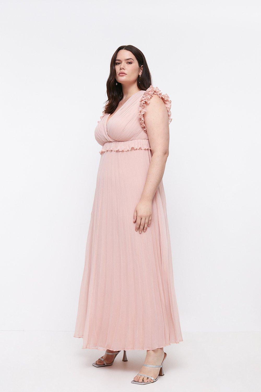 Plus Size Frill Shoulder Pleated Skirt Maxi Dress - Pink