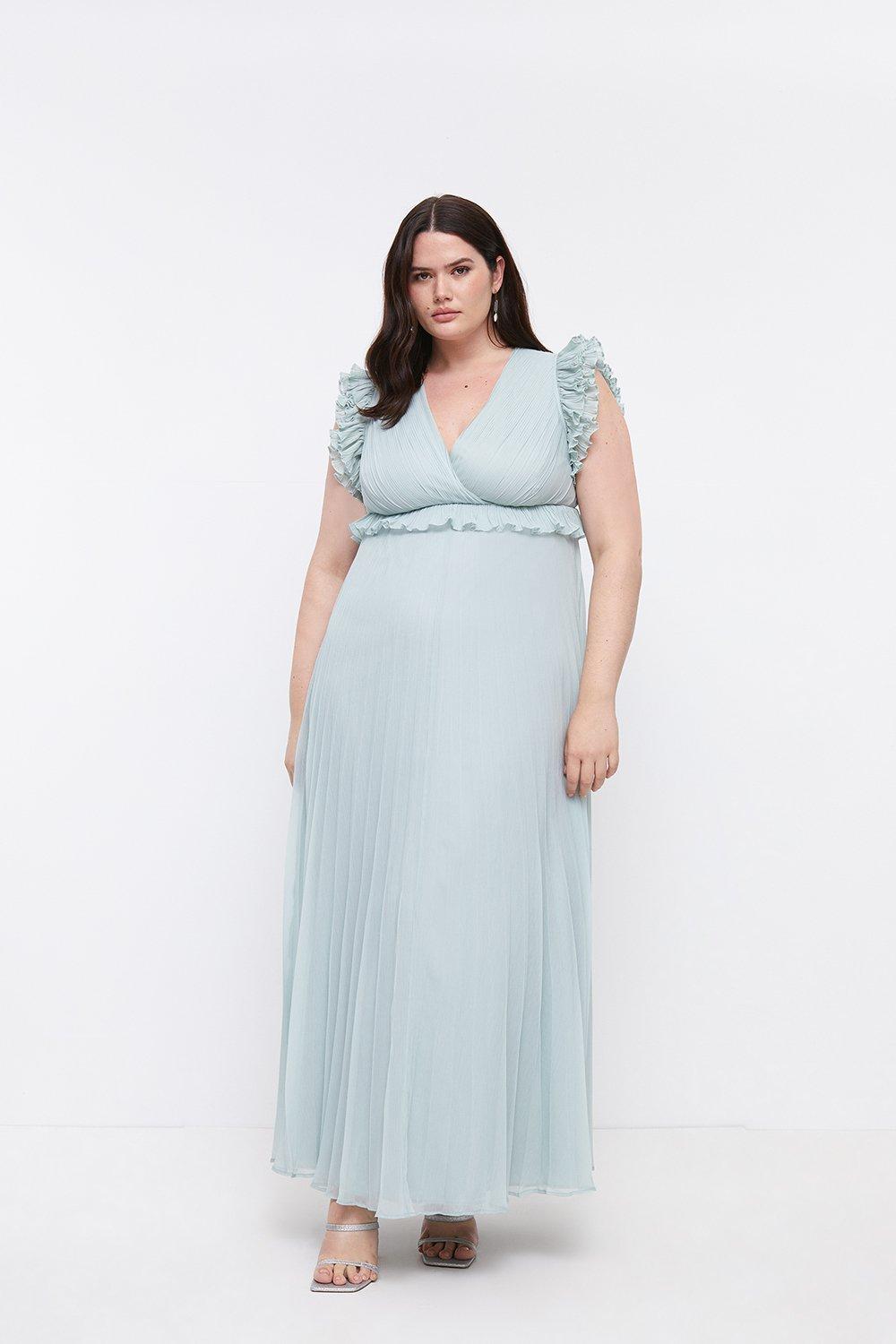 Plus Size Frill Shoulder Pleated Skirt Maxi Dress - Sage