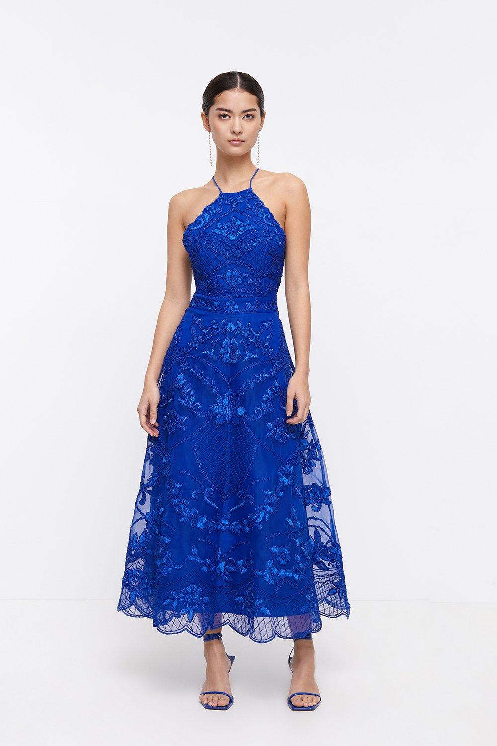 Petite Halterneck Midi Dress In Cutwork Lace - Blue