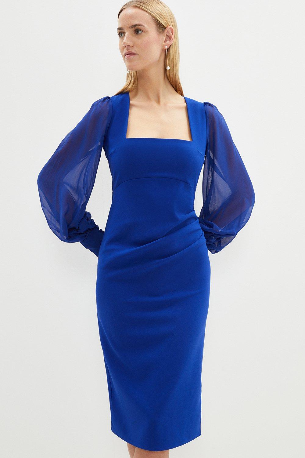 Square Neck Woven Sleeve Bodysculpt Crepe Pencil Dress - Blue