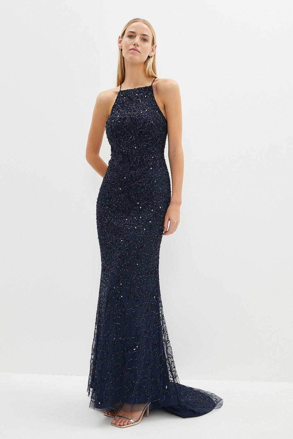 Lace Up Back Sequin Maxi Dress - Navy