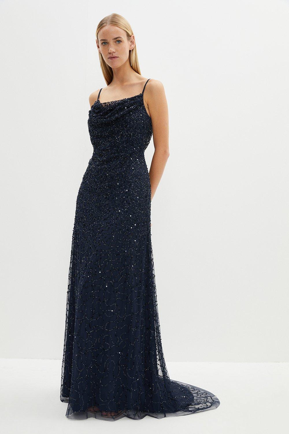 Cowl Neck Strappy Sequin Maxi Dress - Navy