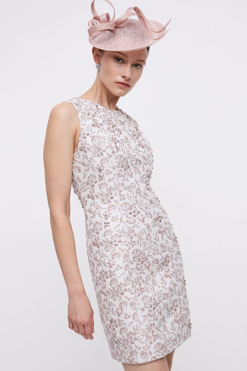Jacquard Midi Embellished Shift Dress - Ivory