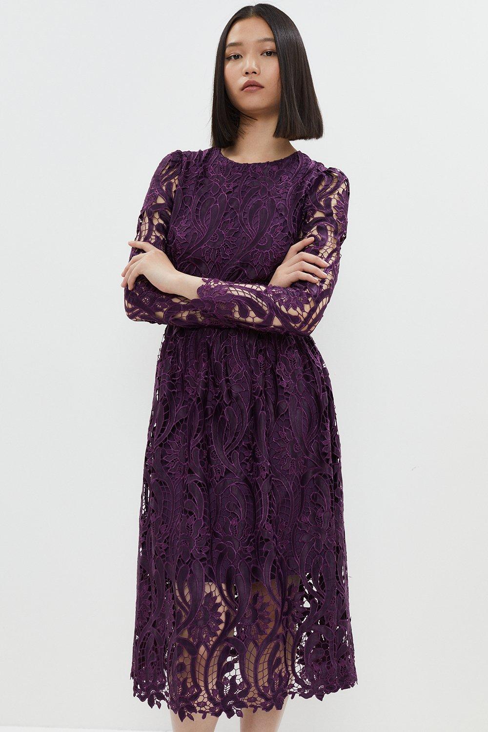 Long Sleeve Premium Lace Midi Dress - Aubergine