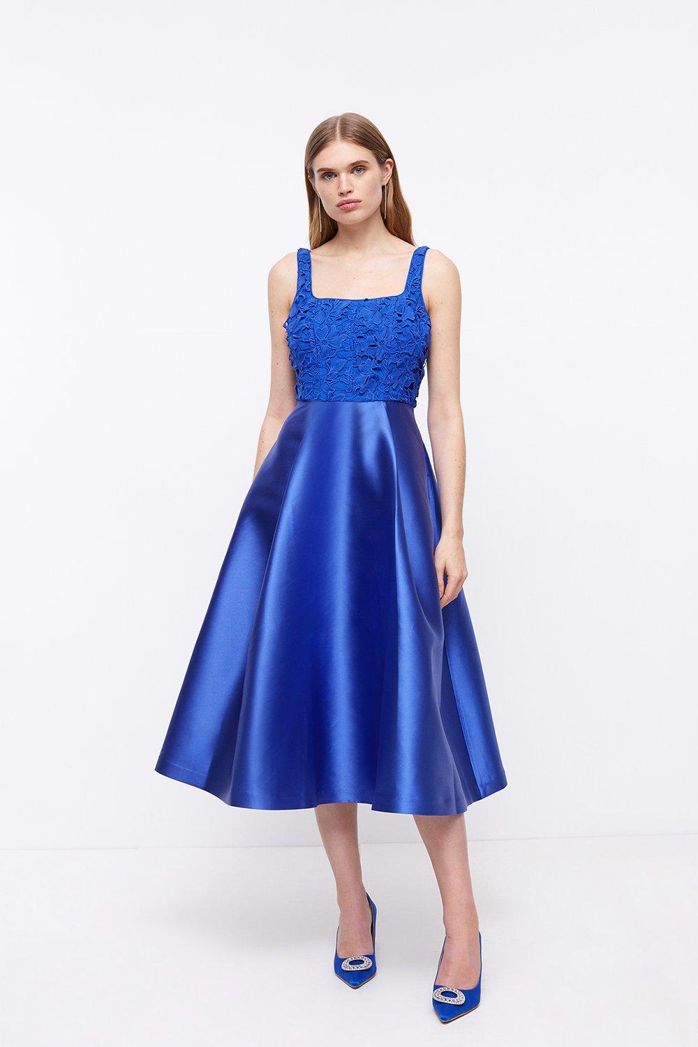 Lace Corset Top Twill Full Skirt Midi Dress - Blue