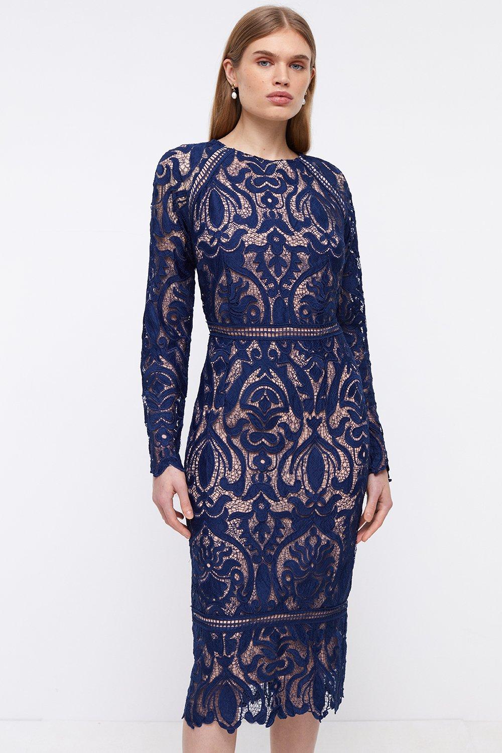 Contrast Lining Placement Lace Pencil Dress - Navy