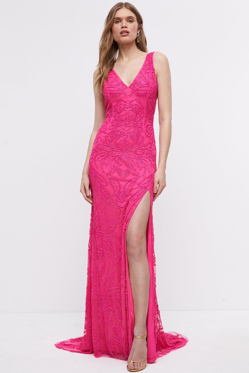 Floral Embellished Maxi Dress With Side Split - Pink