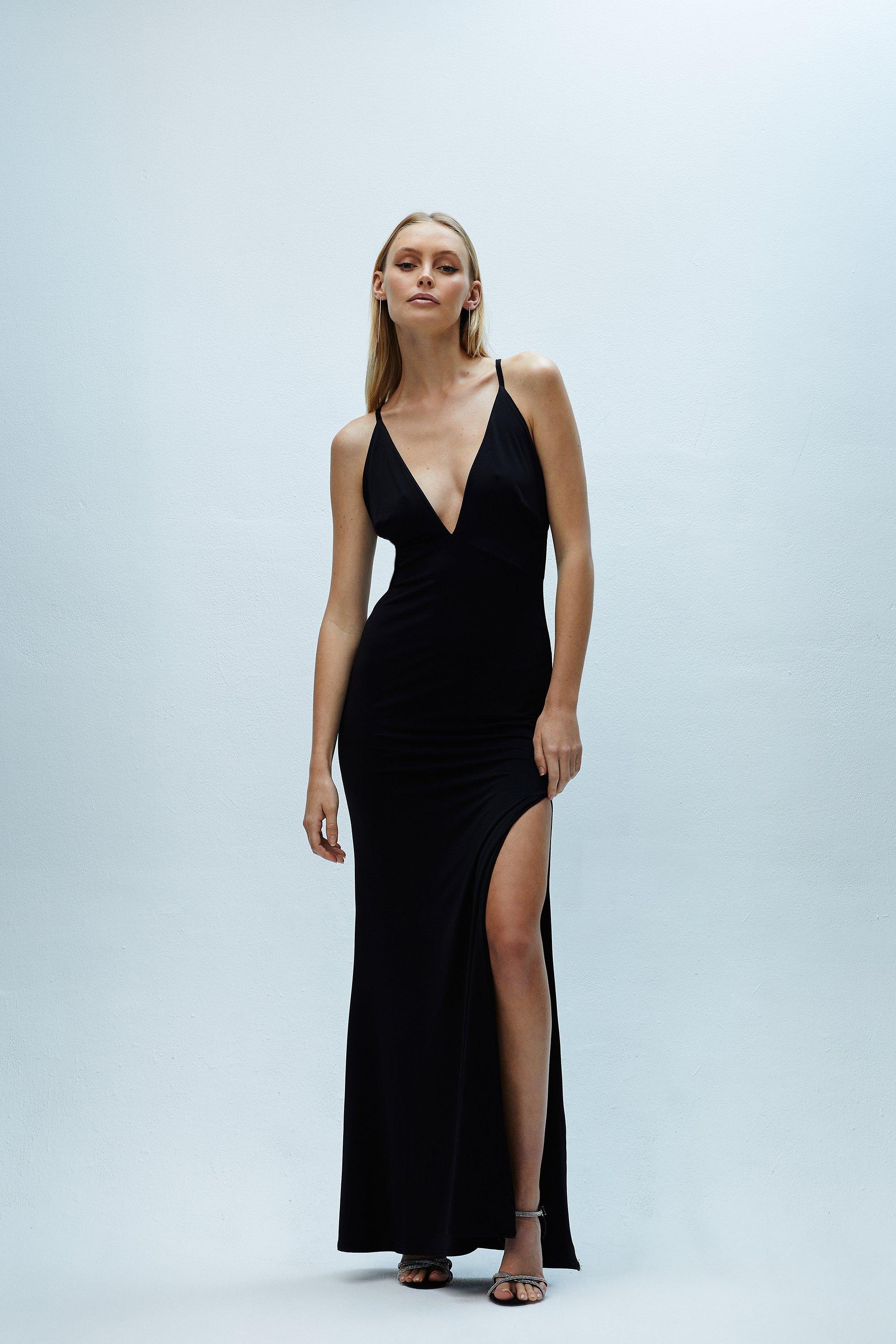 Plunge Neck Split Front Maxi Prom Dress - Black