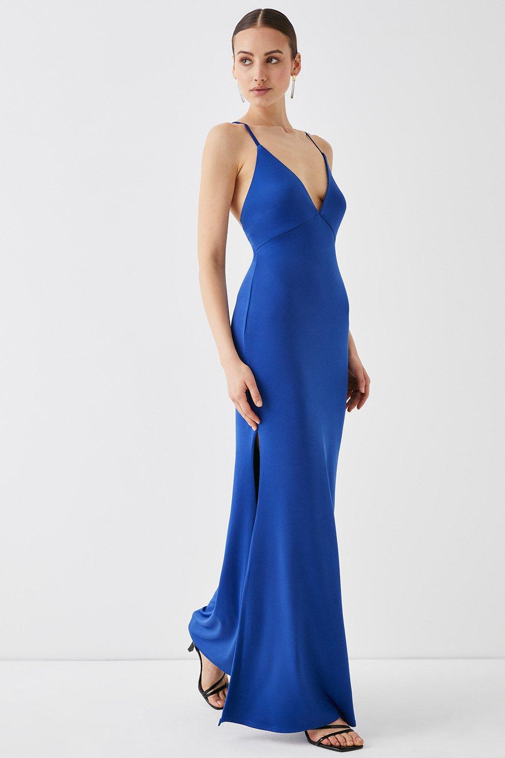Plunge Neck Split Front Maxi Prom Dress - Blue