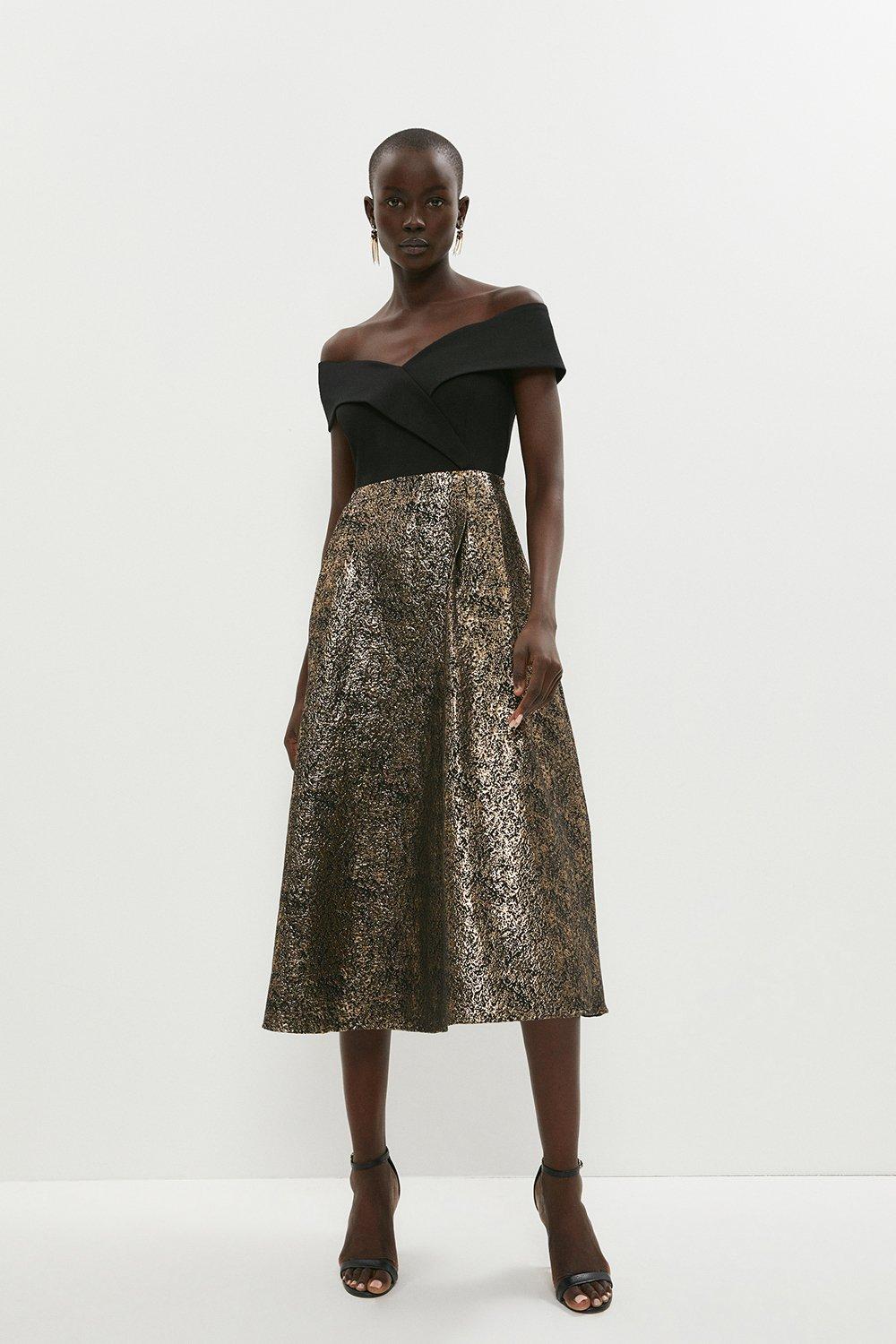 Bardot Cross Front Metallic Jacquard Skirt Midi Dress - Gold
