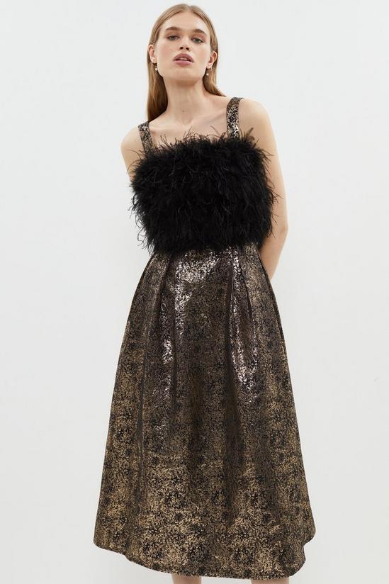 Coast Feather Bodice Metallic Jacquard Full Skirt Midi Dress 1