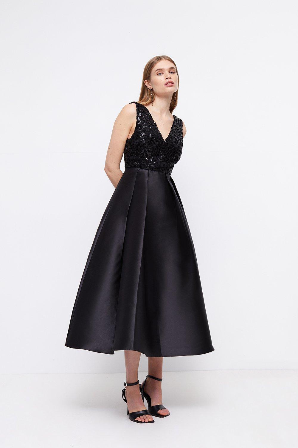 Sequin Lace Bodice Twill Skirt Midi Dress - Black