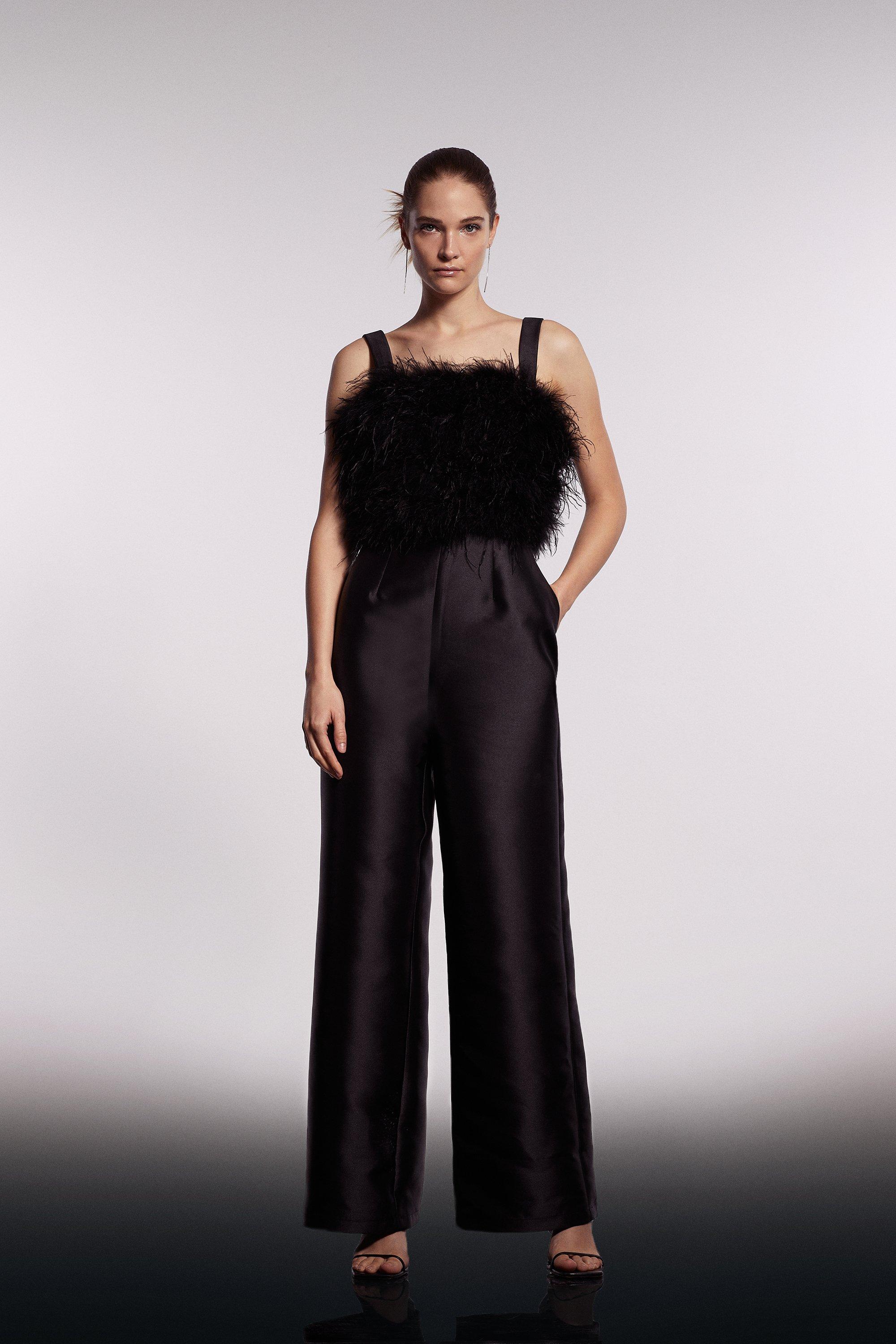Feather Bodice Twill Trouser Jumpsuit - Black