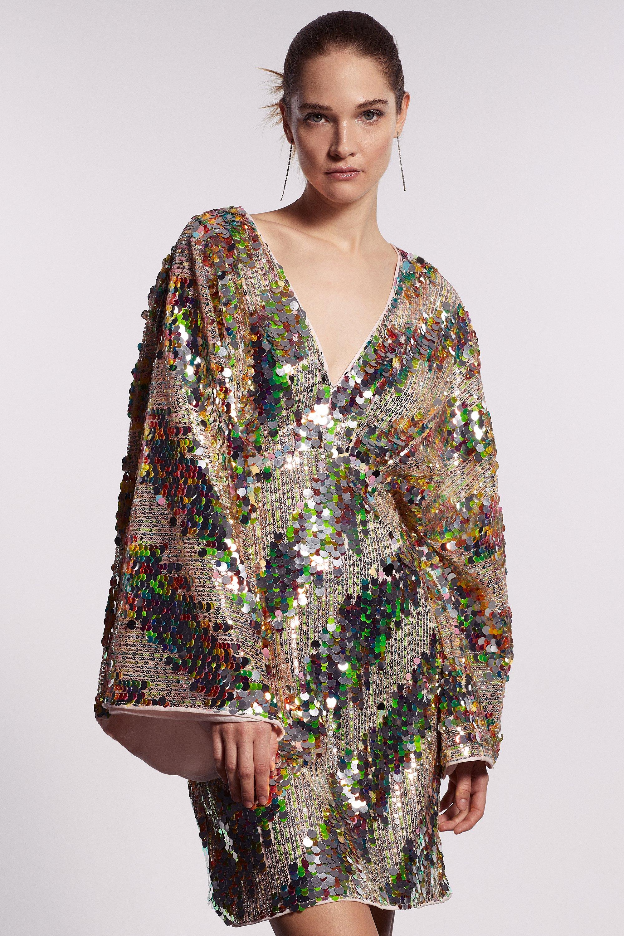 CUHAKCI Mini Dress Neckline Sequined Streetwear Batwing Short