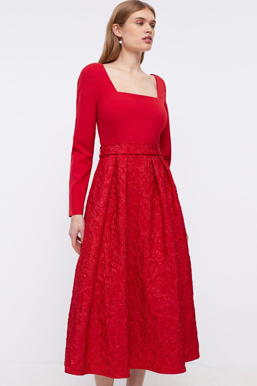 Long Sleeve Jacquard Skirt Belted Midi Dress - Red