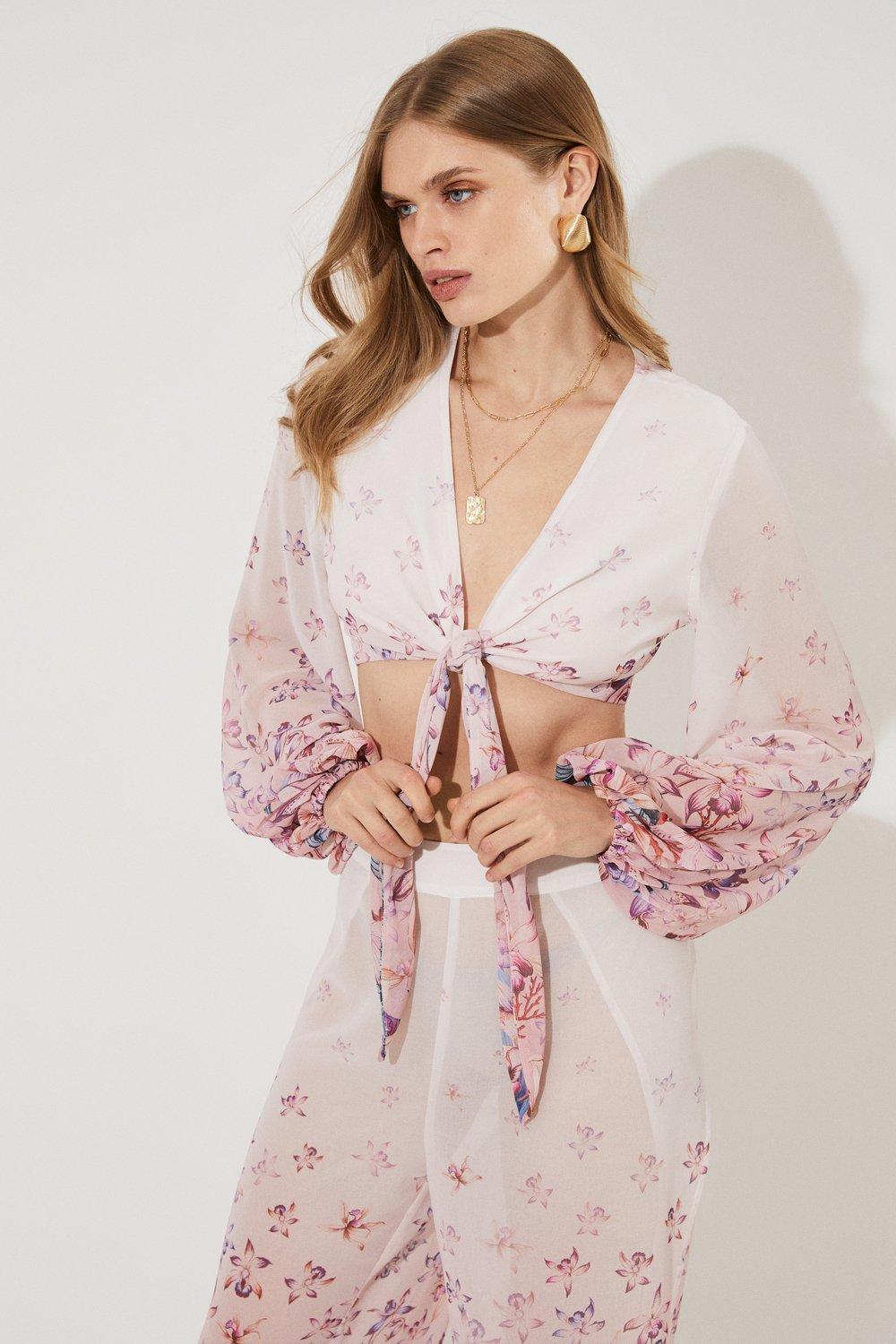 Tie Detail Tropical Placement Print Blouson Sleeve Top - Ivory