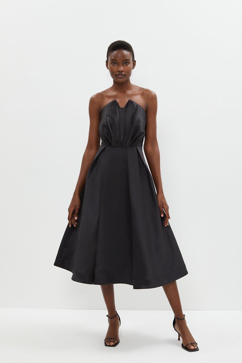 Pleat Bodice Full Skirt Midi Dress - Black