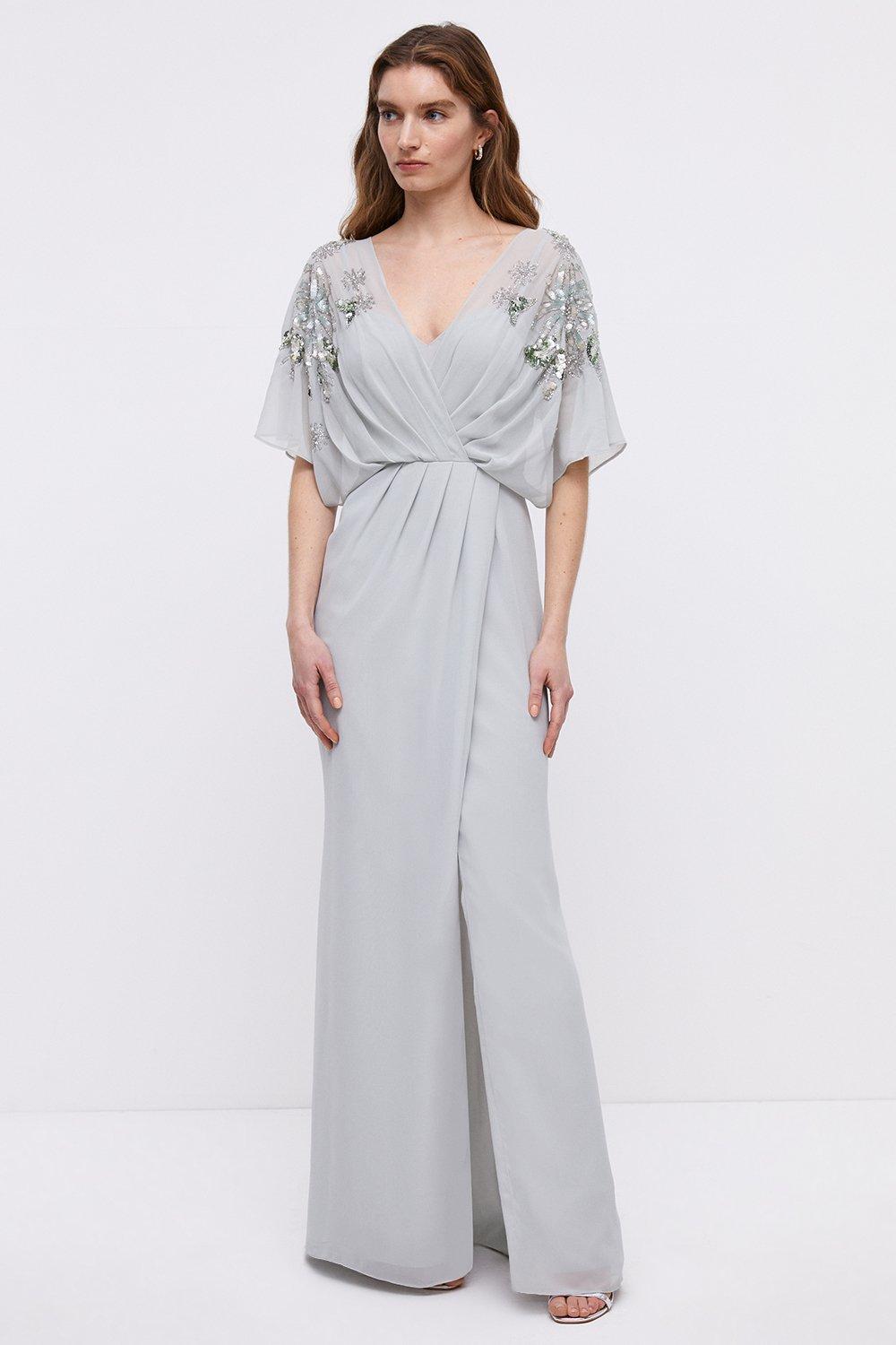 Wrap Top Sequin Kyoto Embellished Bridesmaids Maxi Dress - Silver Grey