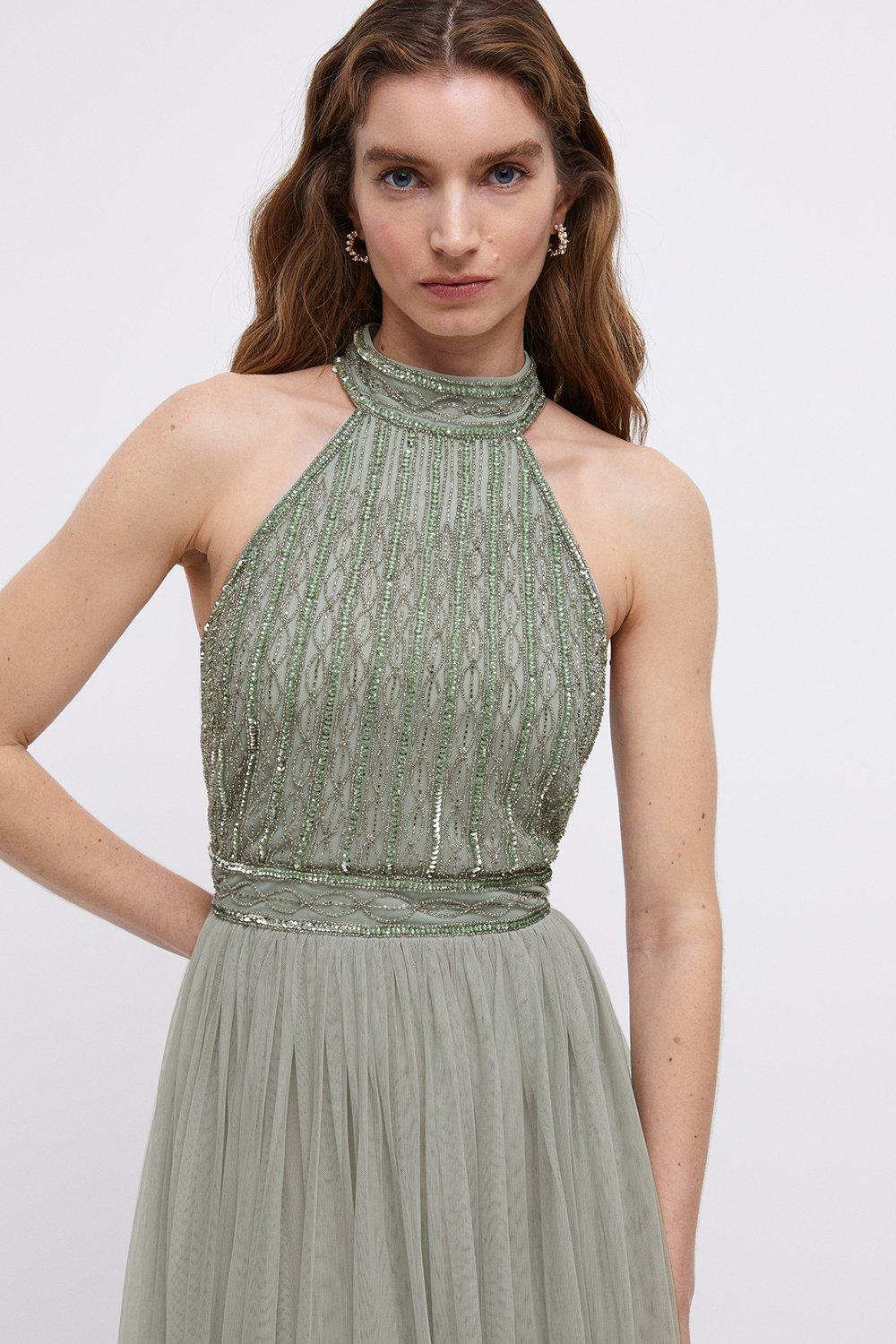 Two-Tone Halter Dress with Beaded Waist