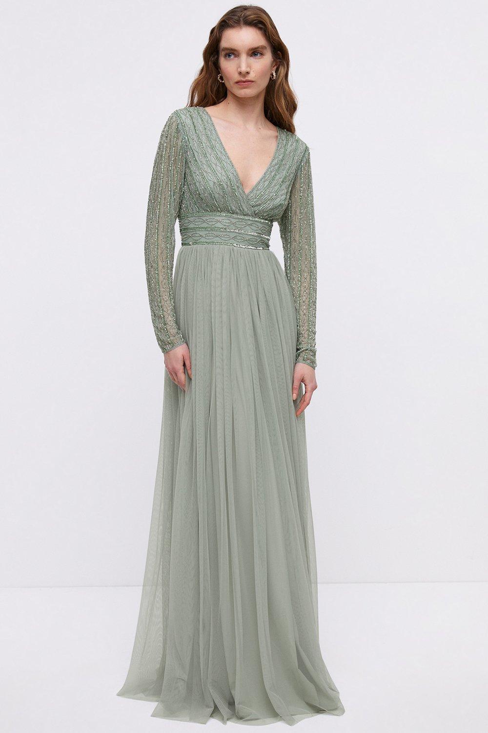 Mixed Bead Long Sleeve Two In One Bridesmaids Dress - Sage