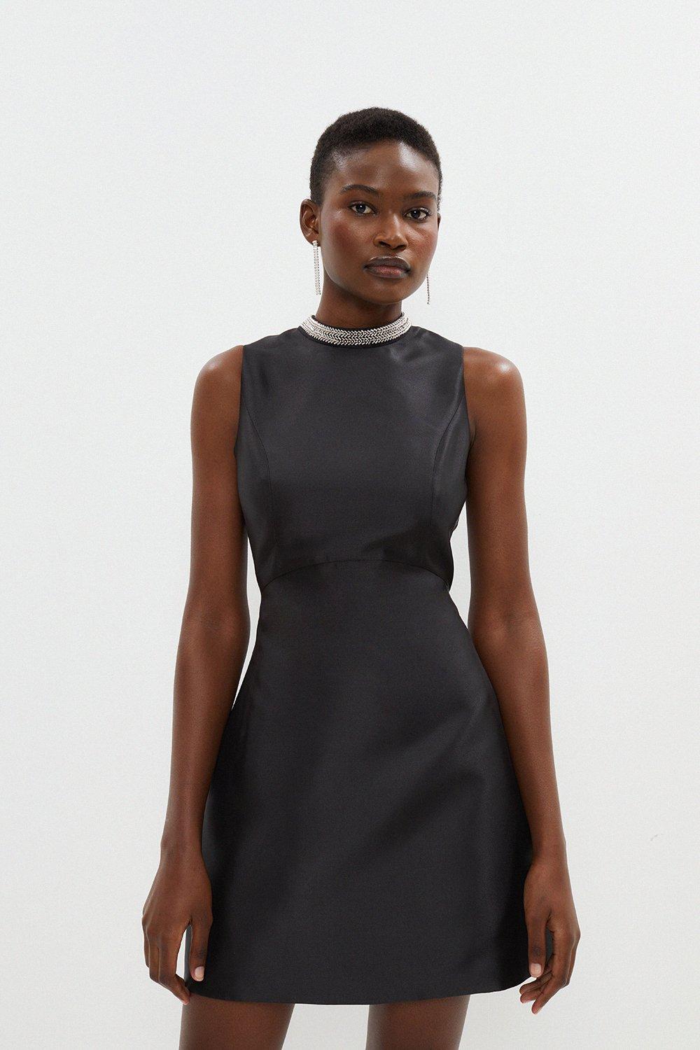 Necklace Trim Twill Mini Dress - Black