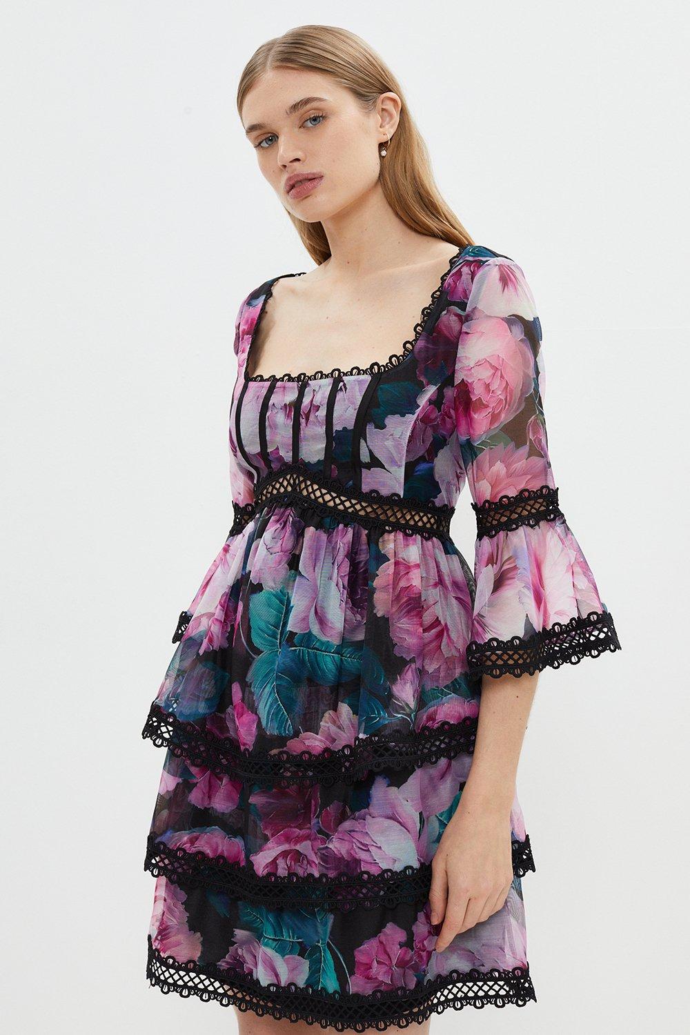 Panelled Bodice Lace Trim Mini Dress - Pink