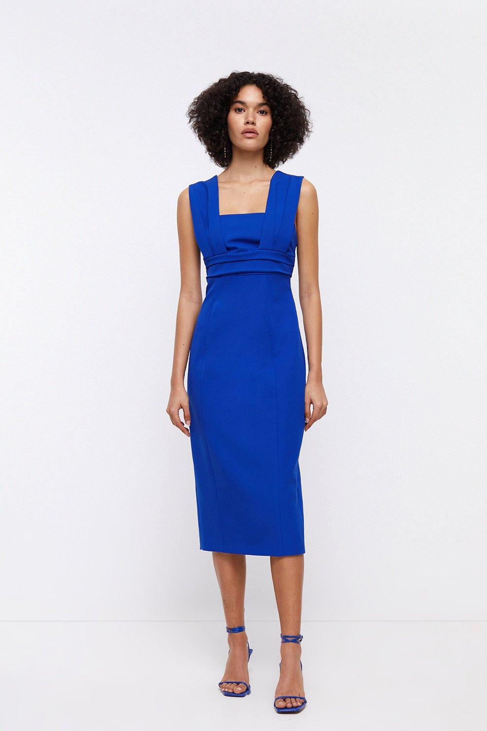 Pleated Strap And Waist Detail Pencil Dress - Blue