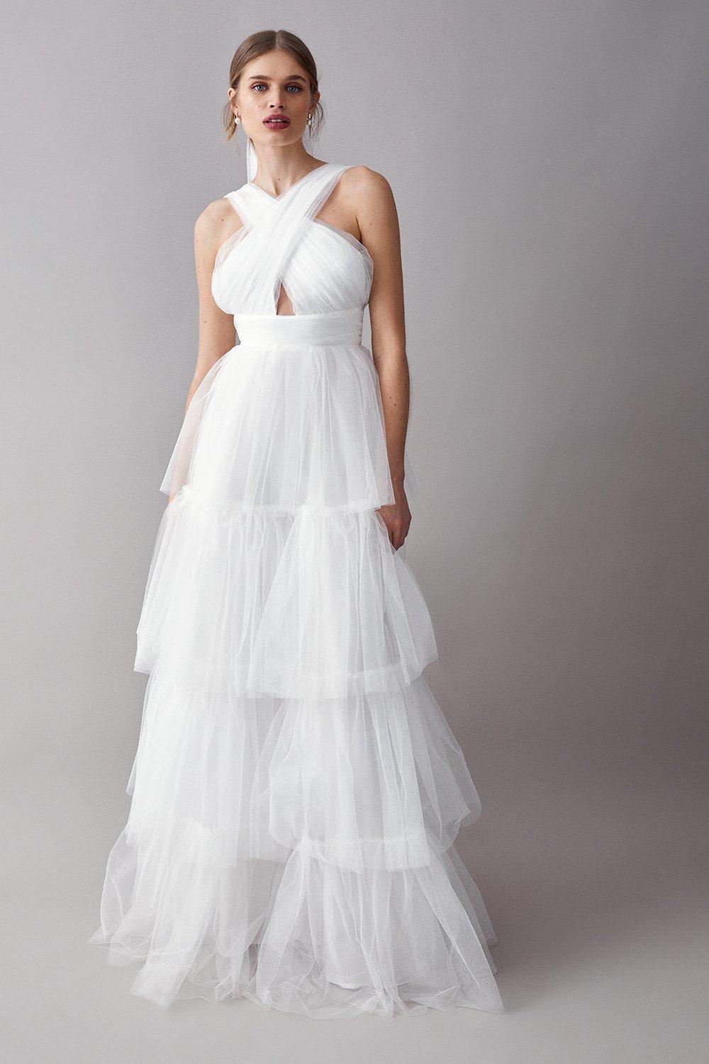 Cross Neck Tiered Tulle Maxi Dress - Ivory