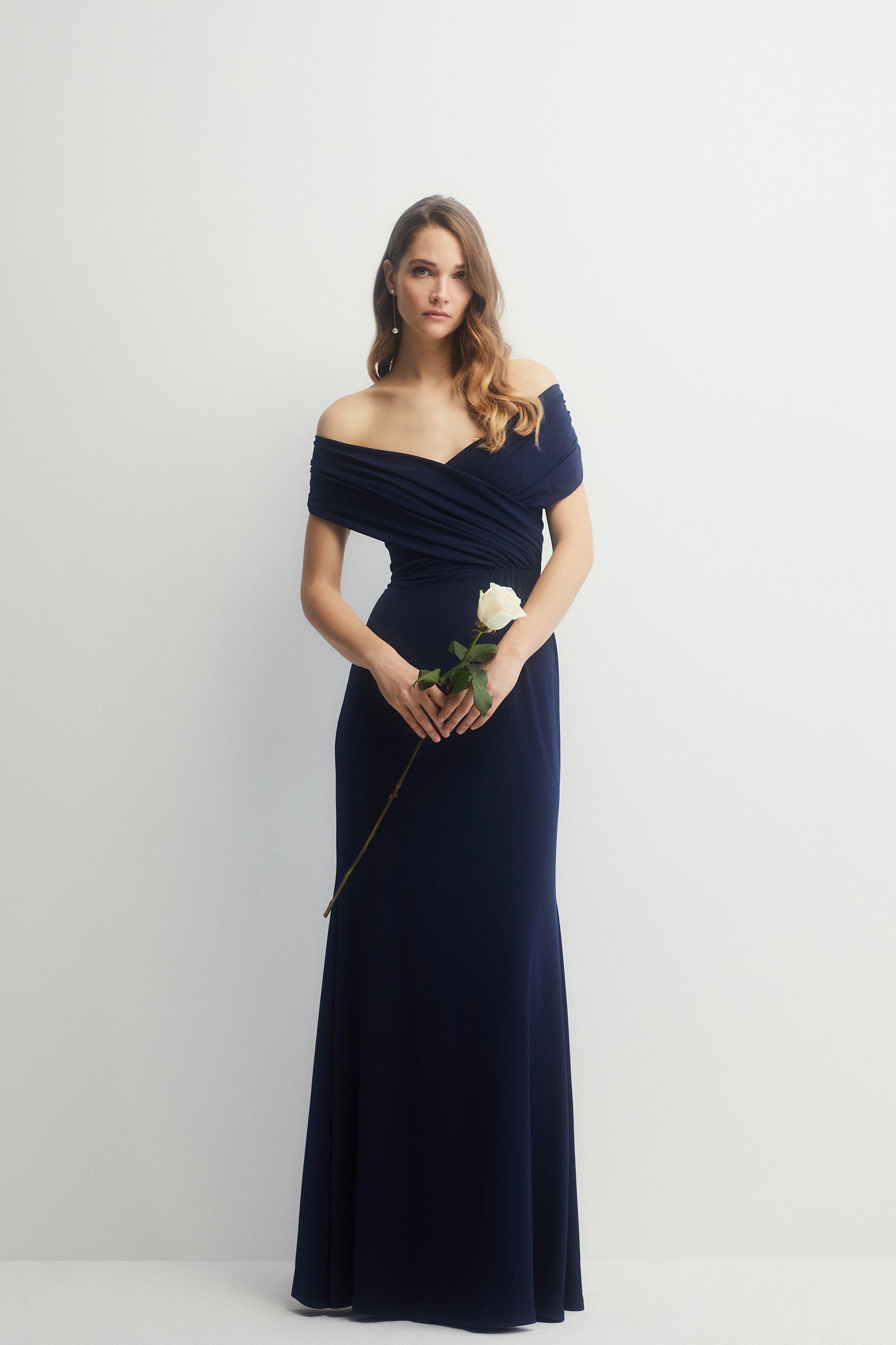 Bridesmaid navy bardot lace hotsell insert fishtail maxi dress