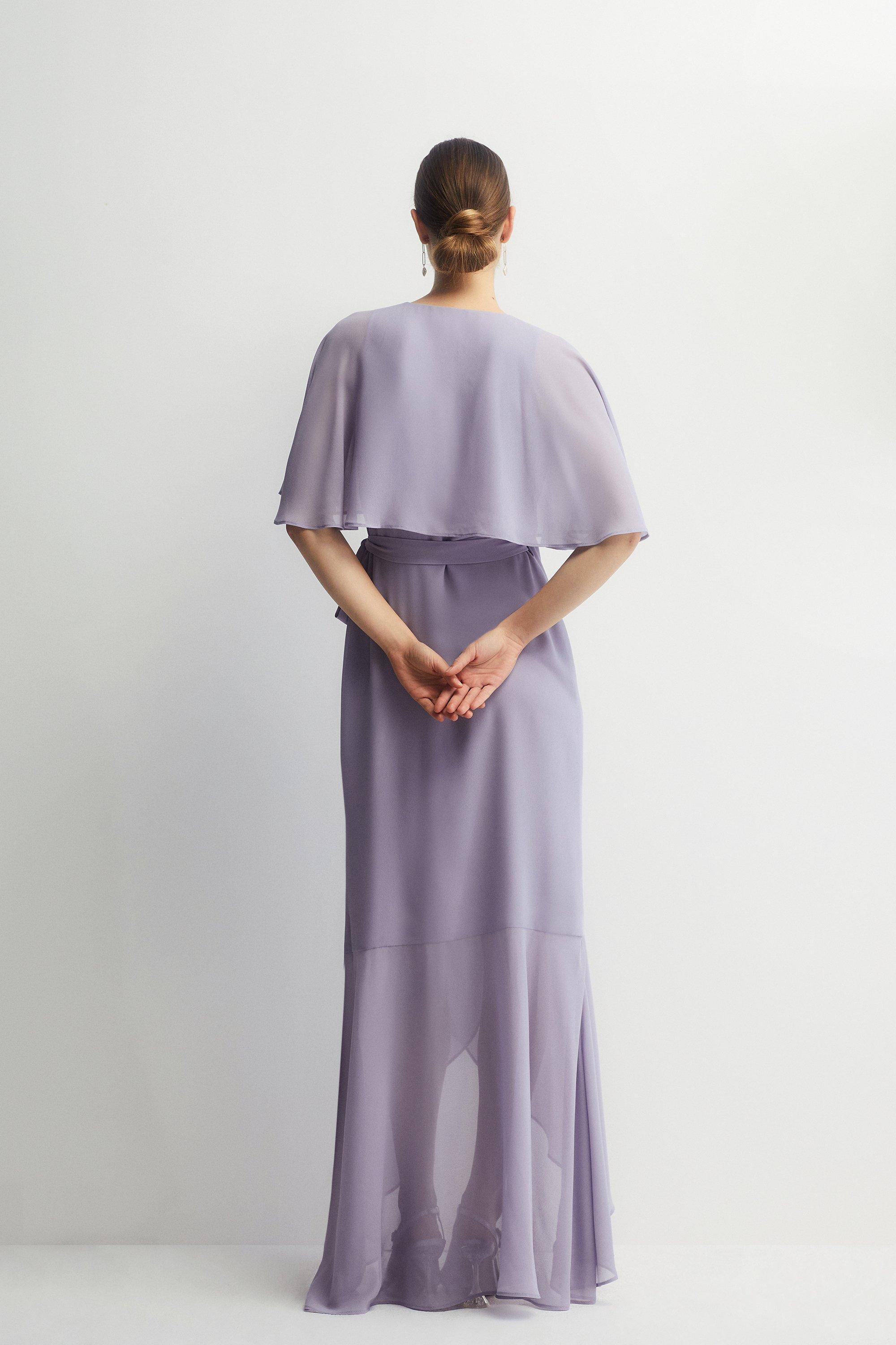 BMD49 - Lilac Bridesmaid Dress With Lace Cape