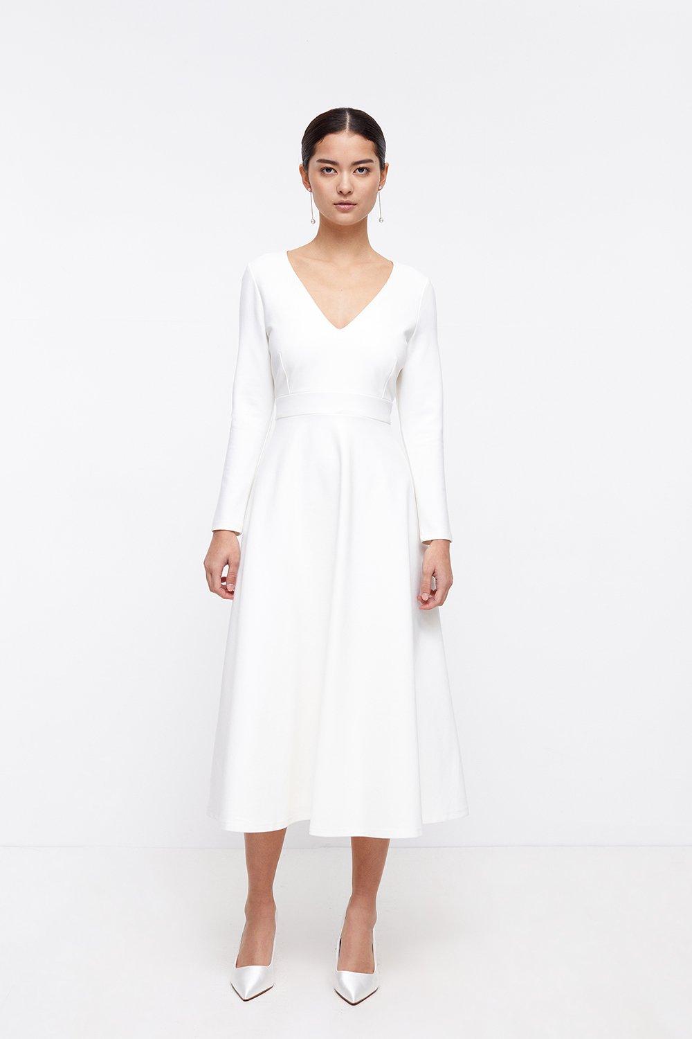 Petite V Neck Full Skirt Midi Dress - Ivory