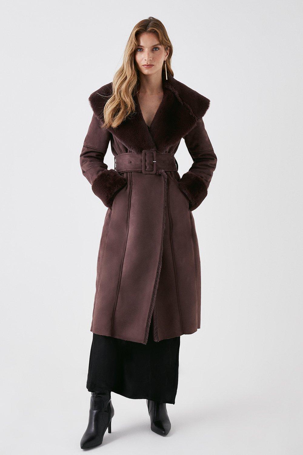 Faux Shearling Collar Belted Long Coat - Brown