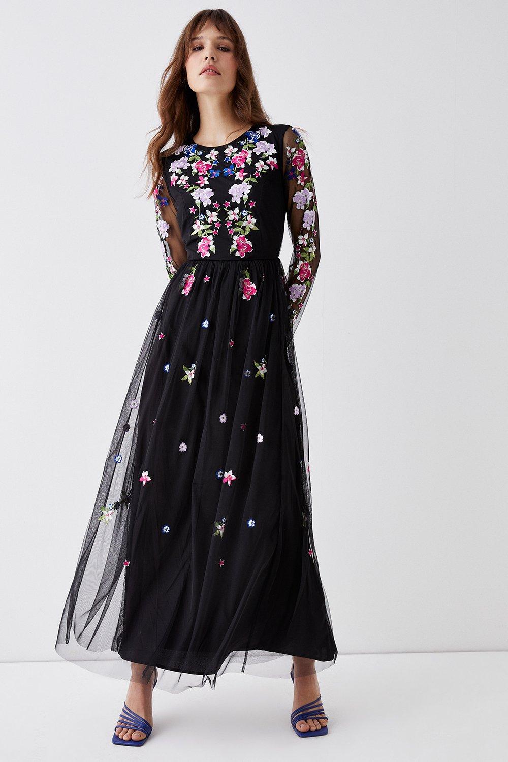 Long Sleeve Floral Embroidered Mesh Midi Dress - Black