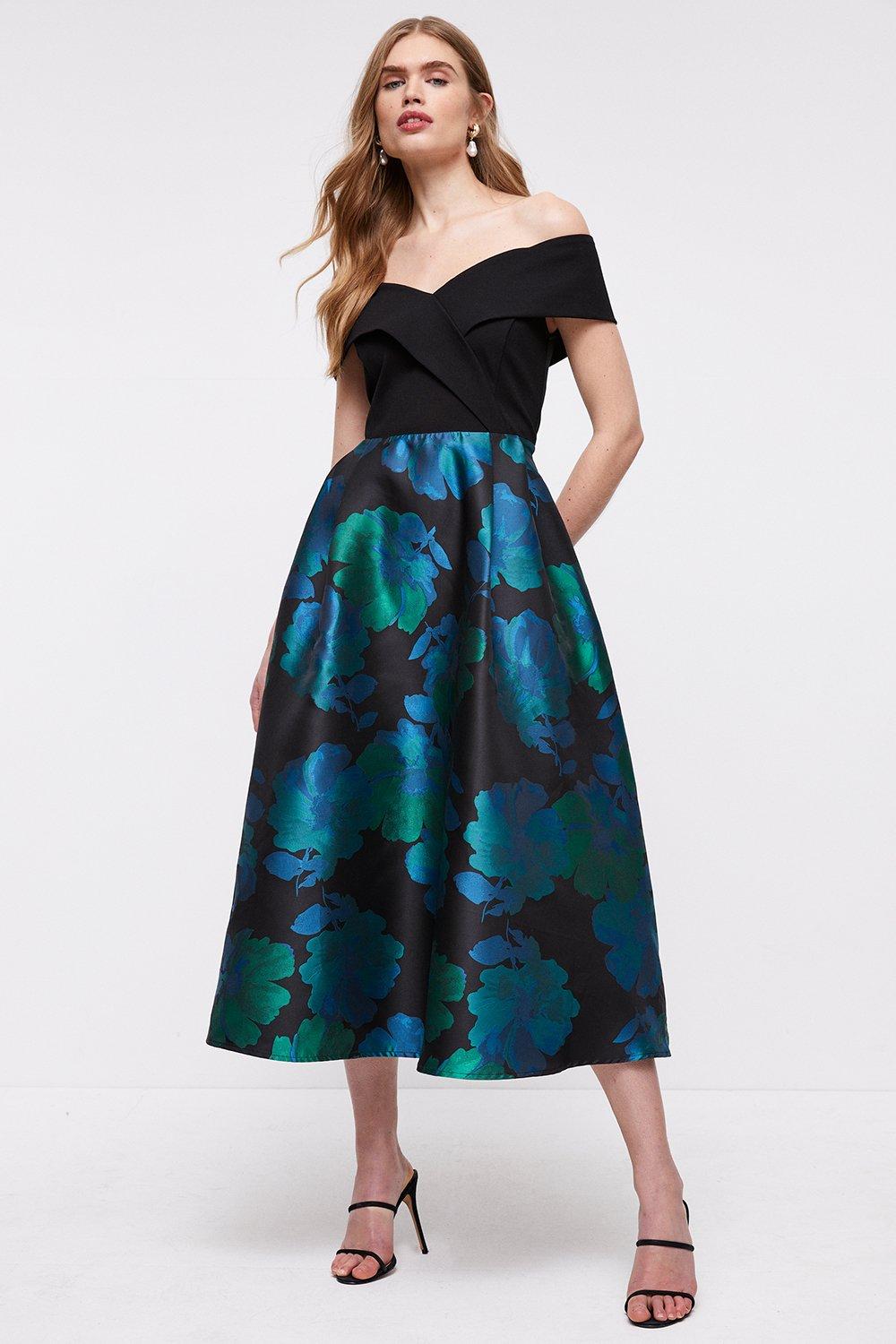 Wrap Bardot Jacquard Skirt Midi Dress - Blue