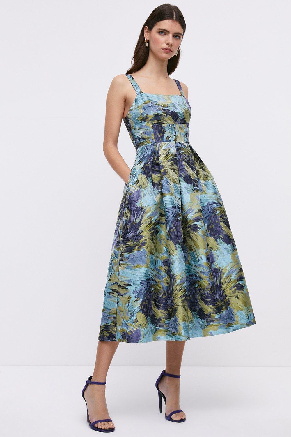 Panelled Bodice Jacquard Full Skirt Midi Dress