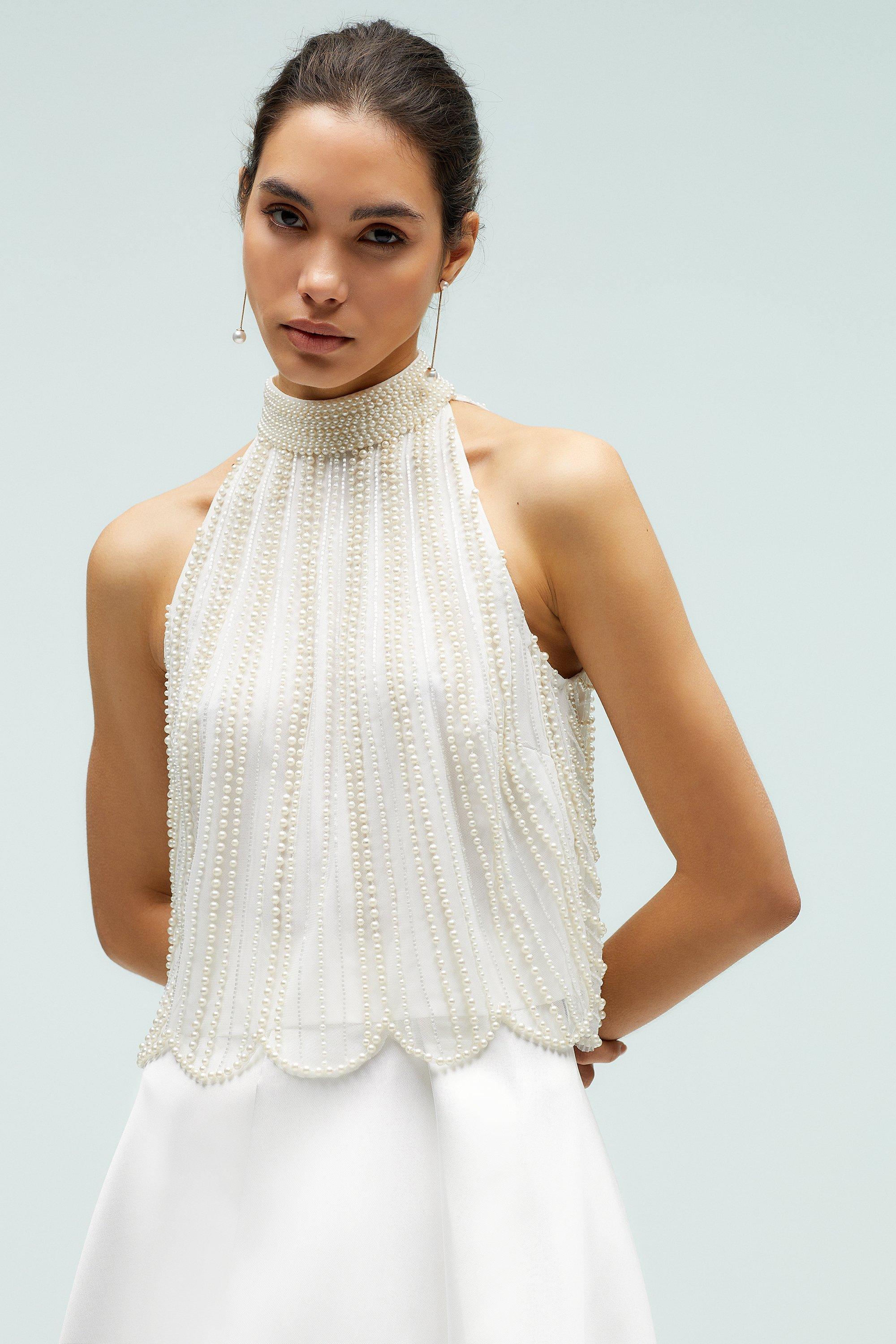 Draped Pearl High Neck Top - Ivory