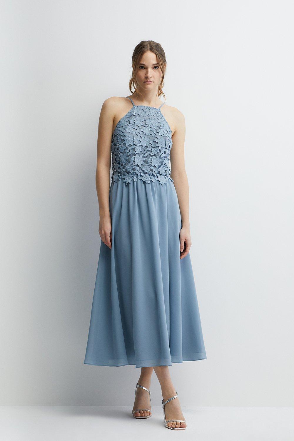 Guipure Lace 2 In 1 Cami Bridesmaids Midi Dress - Pale Blue