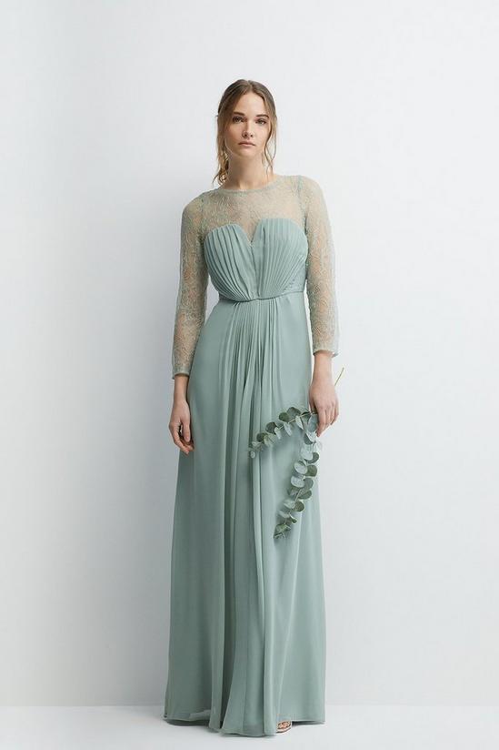 Coast Pleated Bodice Eyelash Lace Sleeve  Bridesmaids Maxi Dress 1