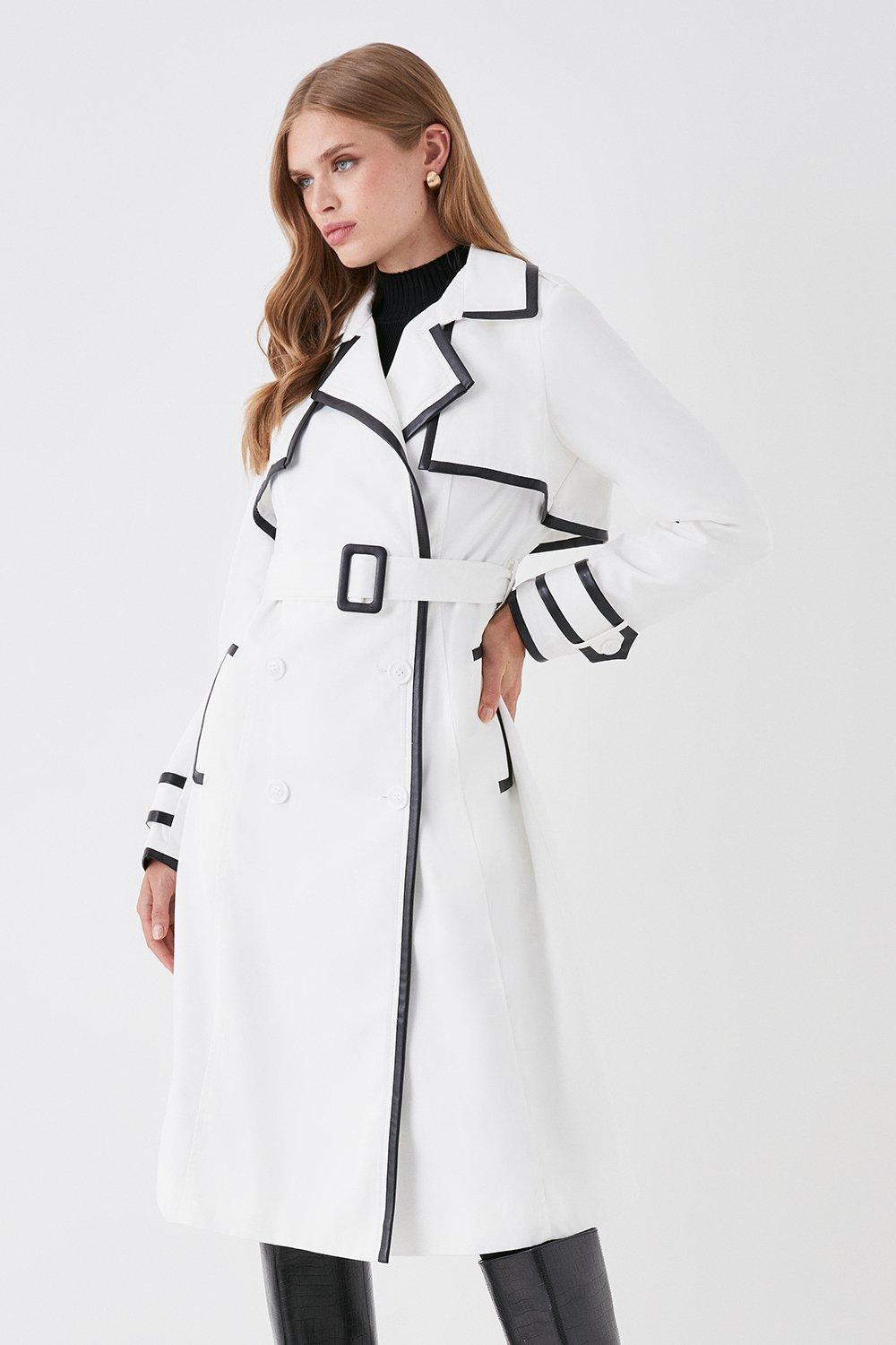Pu Trimmed Belted Trench Coat - Cream