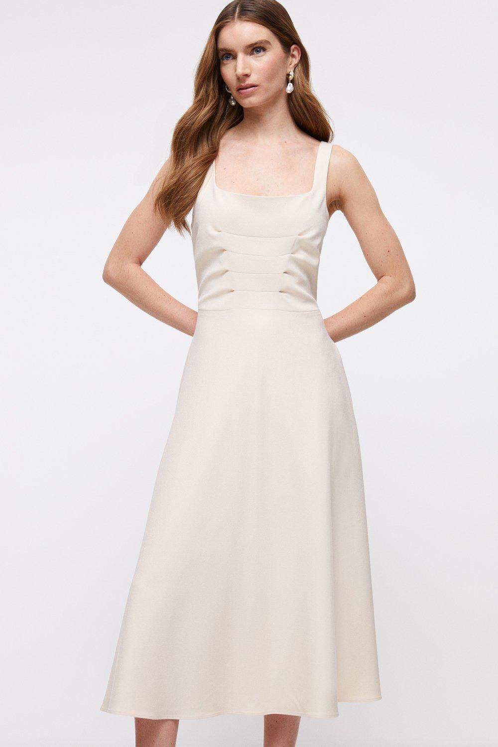 Premium Pleat Bodice Midi Dress With Full Skirt - Cream