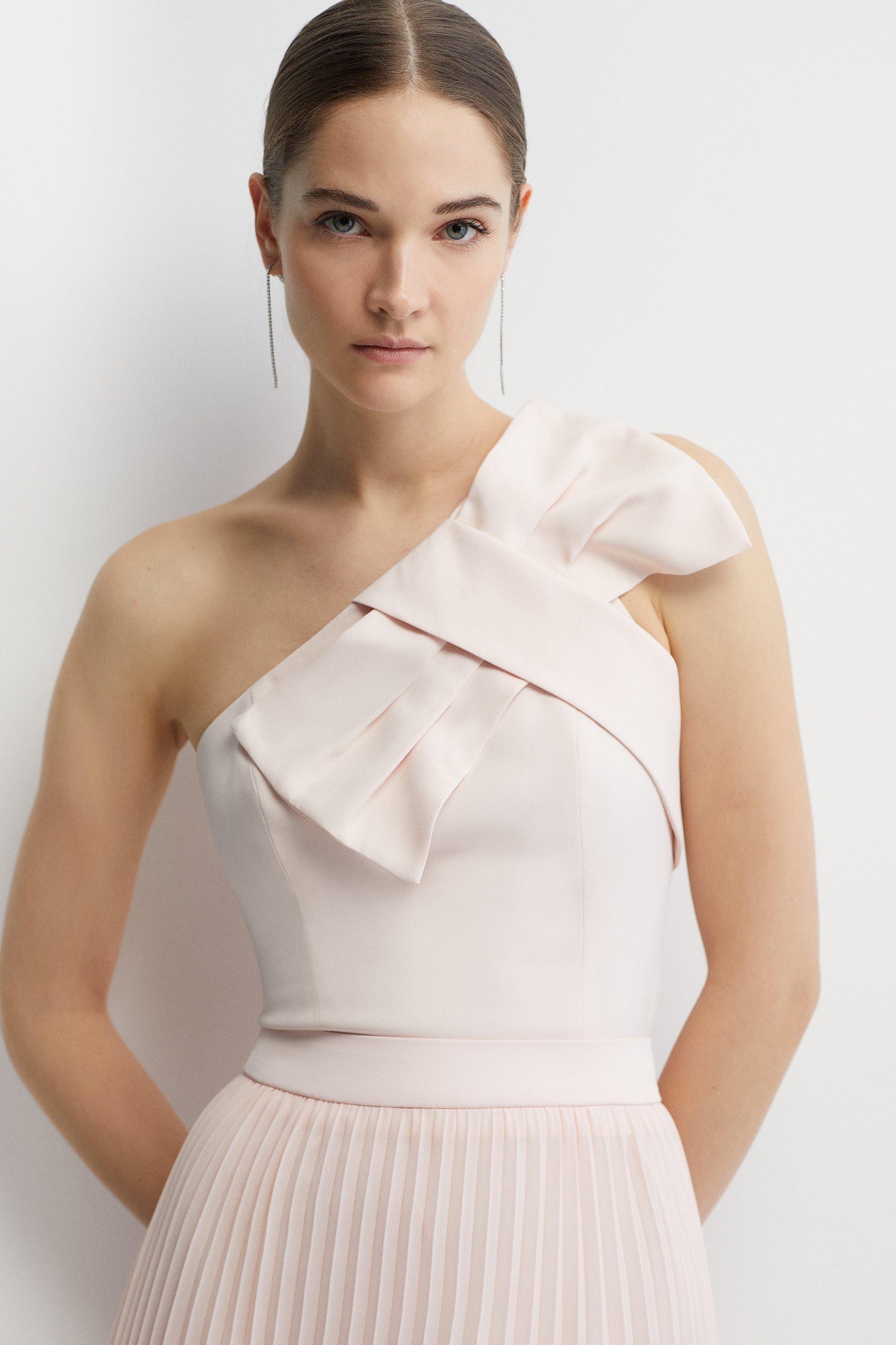 Bow One Shoulder Crepe Outfitter Bridesmaids Top - Pink