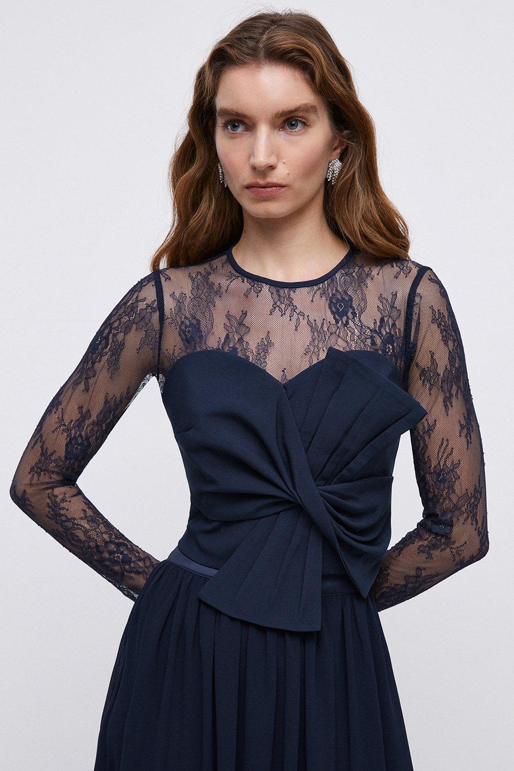 Crepe Statement Bow Long Sleeve Lace Bridesmaids Top - Navy