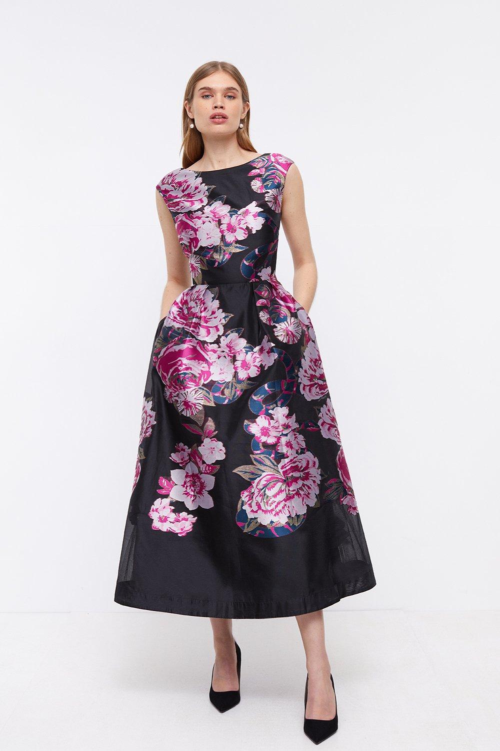 Premium Metallic Floral Jacquard Midi Dress - Pink