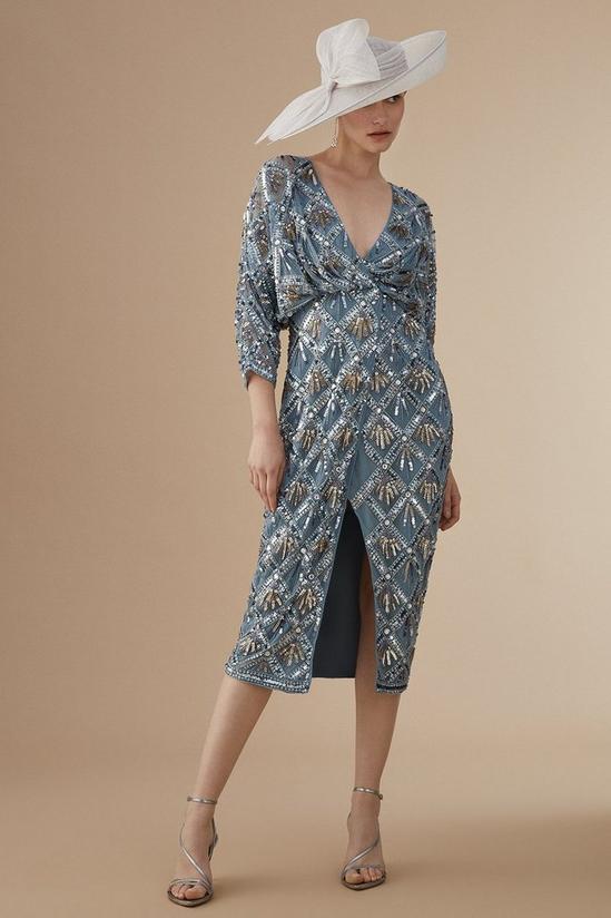 Coast Lisa Tan Premium Hand Embellished Deco Wrap Midi Dress 1