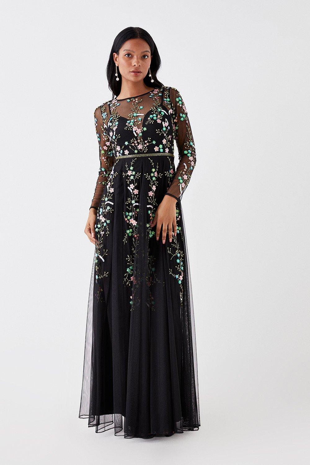 Petite Hand Embellished Sequin Floral Panelled Maxi Dress - Black