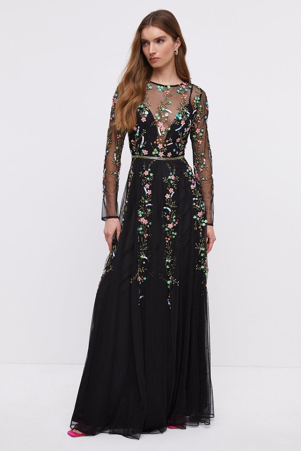 Hand Embellished Sequin Floral Panelled Maxi Dress - Black