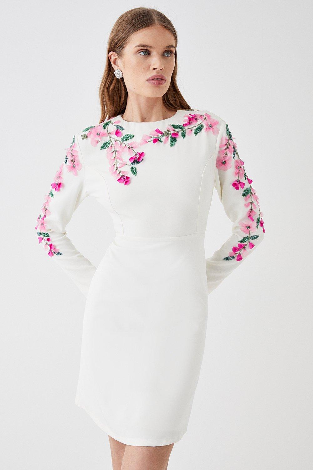 Hand Stitched 3d Floral Long Sleeve Mini Dress - White