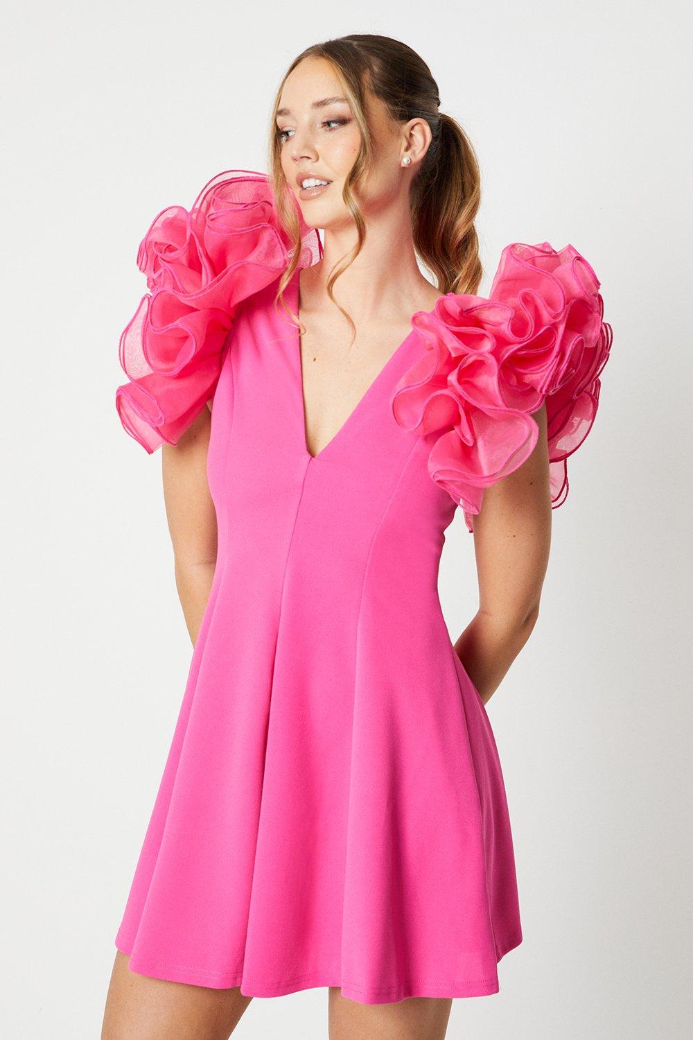 Organza Ruffle Sleeve Crepe Mini Dress - Pink