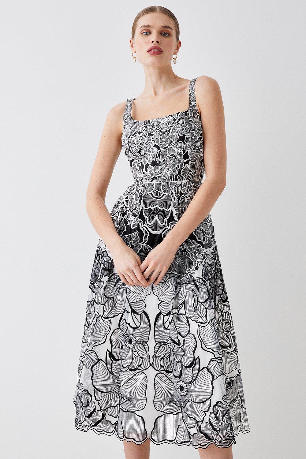 Premium Floral Embroidered Full Skirt Midi Dress - Mono