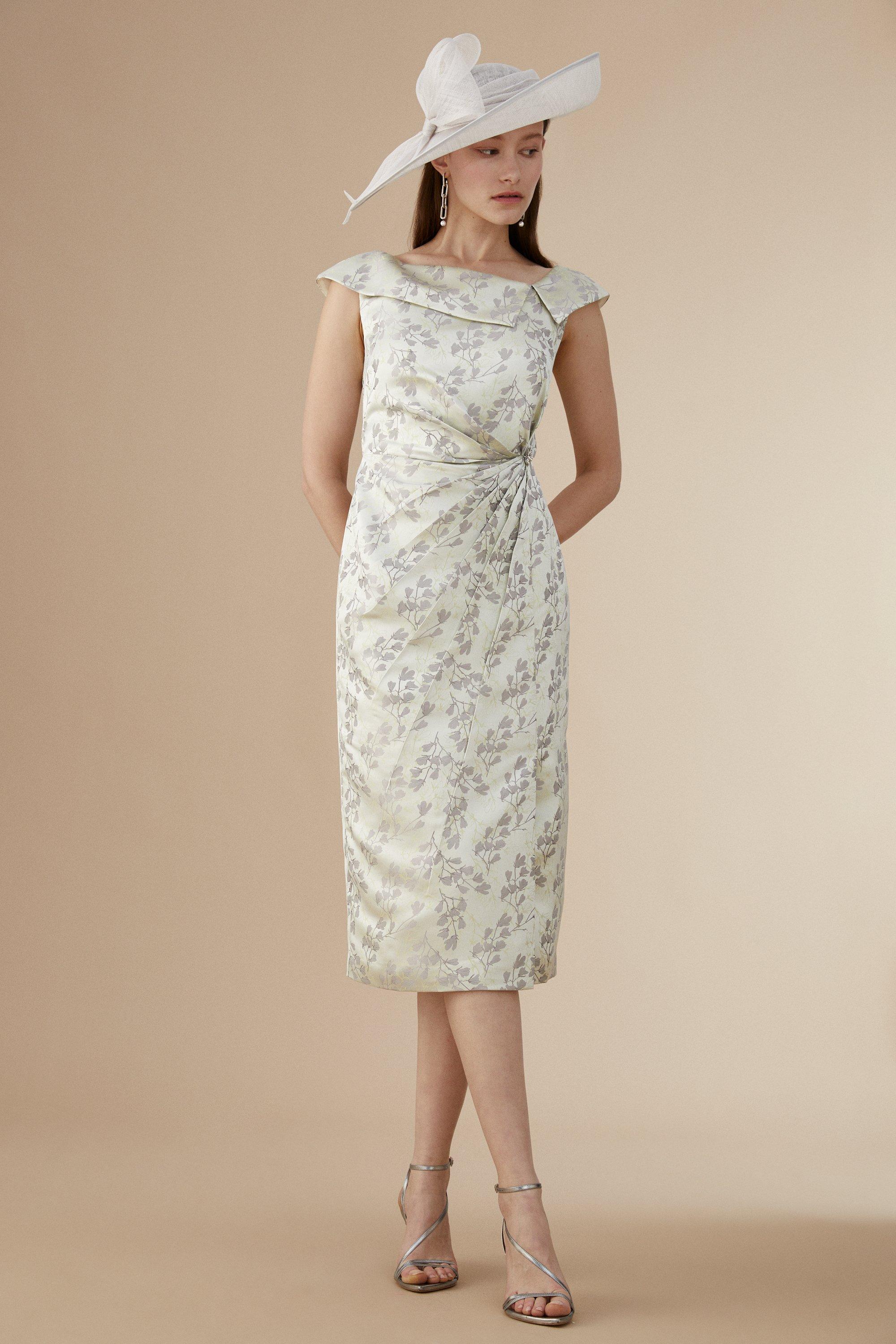 Lisa Tan Premium Pleat Detail Bardot Jacquard Pencil Dress - Sage